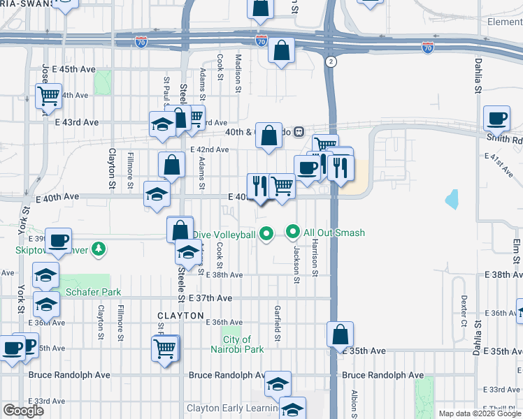 map of restaurants, bars, coffee shops, grocery stores, and more near 3600 East 40th Avenue in Denver