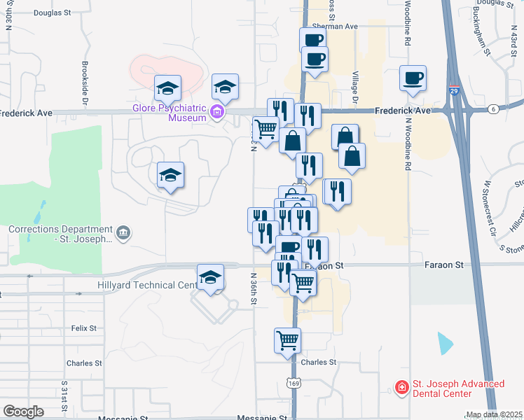 map of restaurants, bars, coffee shops, grocery stores, and more near 707 North 36th Street in Saint Joseph