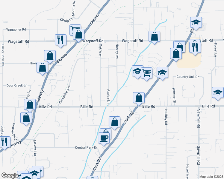 map of restaurants, bars, coffee shops, grocery stores, and more near 6265 Azalea Lane in Paradise