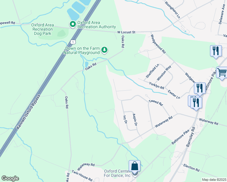 map of restaurants, bars, coffee shops, grocery stores, and more near 429 Highland Court in Oxford