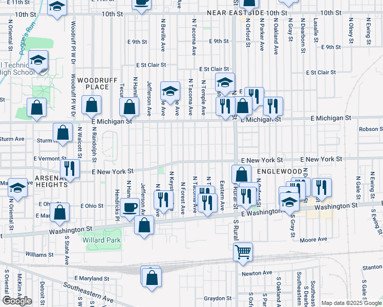map of restaurants, bars, coffee shops, grocery stores, and more near 325 North Tacoma Avenue in Indianapolis