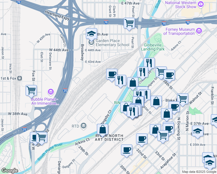 map of restaurants, bars, coffee shops, grocery stores, and more near 3461 Ringsby Court in Denver