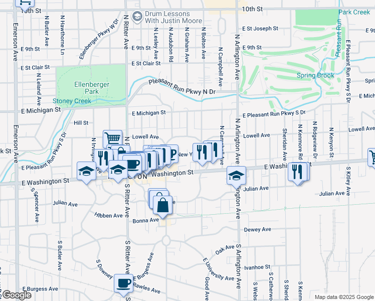 map of restaurants, bars, coffee shops, grocery stores, and more near 5760 East New York Street in Indianapolis