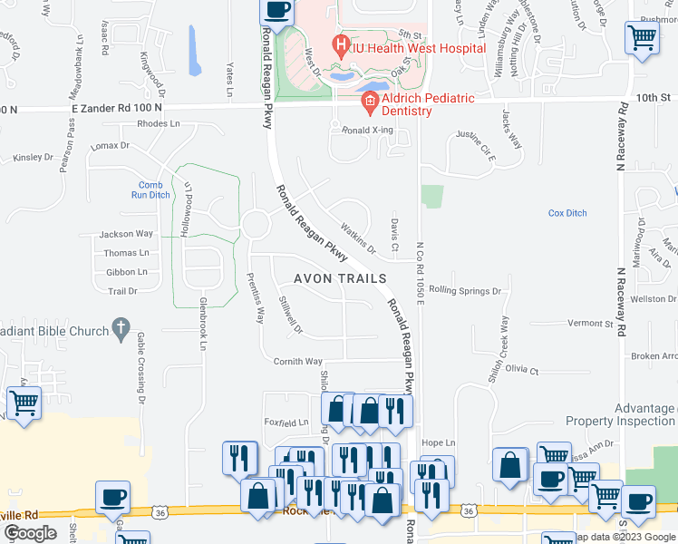 map of restaurants, bars, coffee shops, grocery stores, and more near 477 Yorktown Lane in Avon