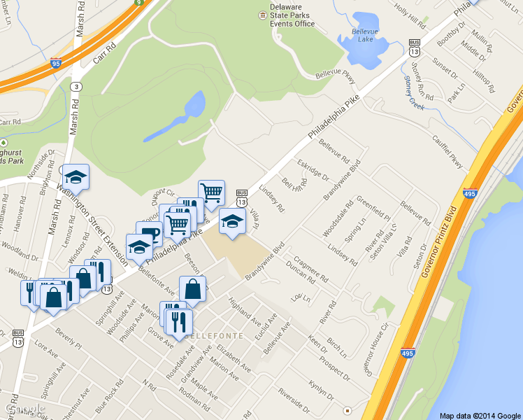 map of restaurants, bars, coffee shops, grocery stores, and more near 107 Villa Place in Wilmington