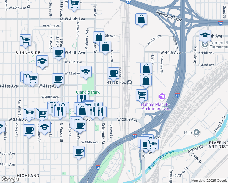 map of restaurants, bars, coffee shops, grocery stores, and more near 4028 Jason Street in Denver
