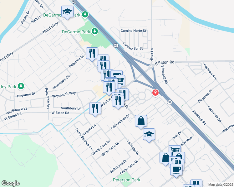 map of restaurants, bars, coffee shops, grocery stores, and more near Esplanade & Eaton Rd in Chico