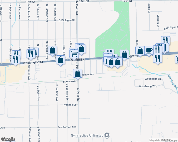 map of restaurants, bars, coffee shops, grocery stores, and more near 56 South Galeston Avenue in Indianapolis