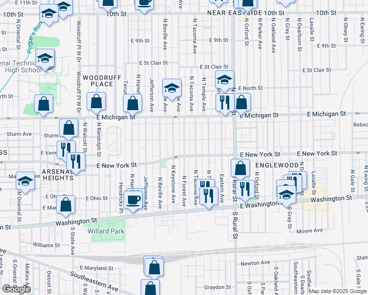 map of restaurants, bars, coffee shops, grocery stores, and more near 320 North Forest Avenue in Indianapolis