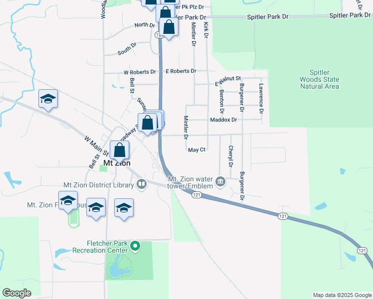 map of restaurants, bars, coffee shops, grocery stores, and more near 300 May Court in Mount Zion