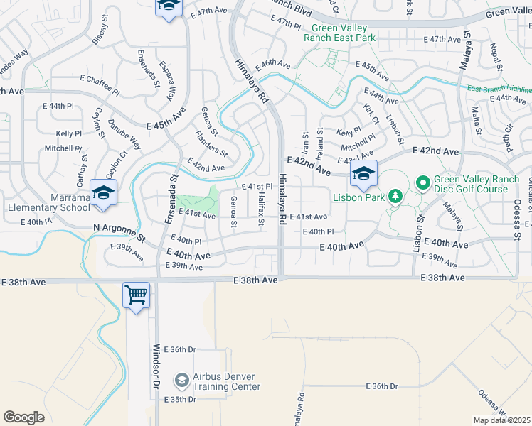 map of restaurants, bars, coffee shops, grocery stores, and more near 20005 East 41st Avenue in Denver
