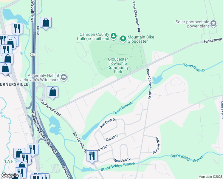 map of restaurants, bars, coffee shops, grocery stores, and more near 5 Marcia Court in Sicklerville