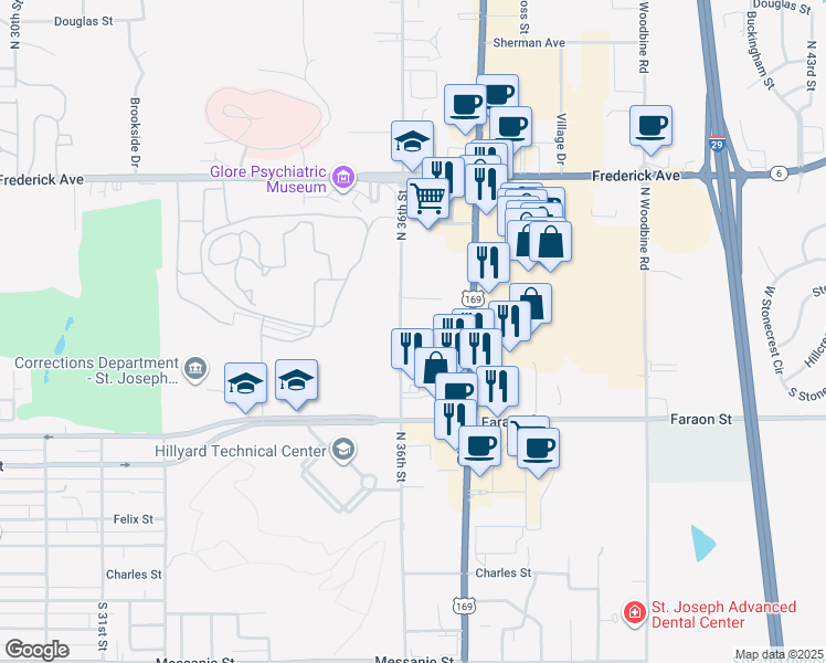 map of restaurants, bars, coffee shops, grocery stores, and more near 707 North 36th Street in Saint Joseph