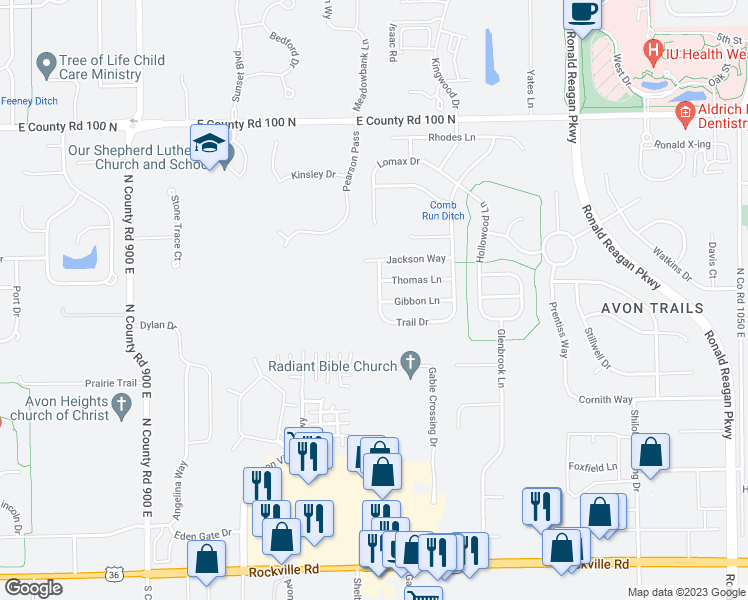 map of restaurants, bars, coffee shops, grocery stores, and more near 604 Springtree Lane in Avon