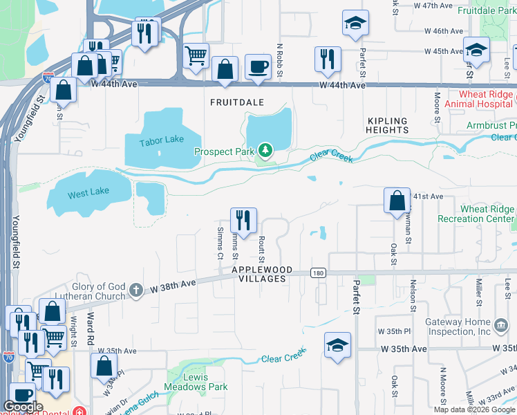 map of restaurants, bars, coffee shops, grocery stores, and more near 3992 Rolfe Court in Wheat Ridge