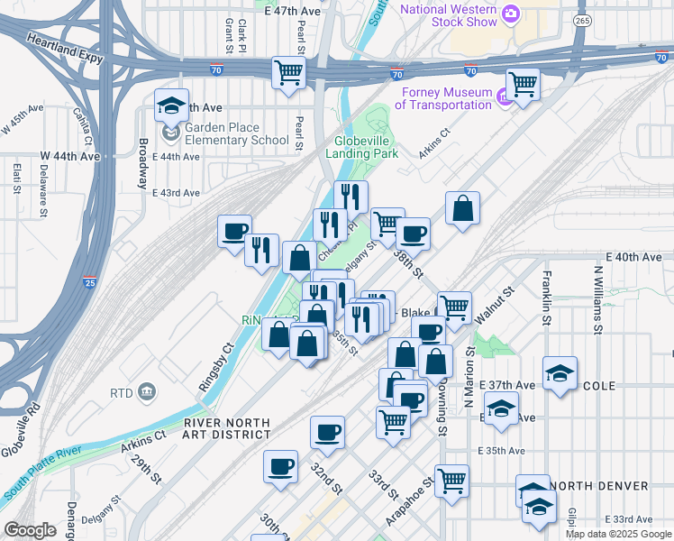 map of restaurants, bars, coffee shops, grocery stores, and more near 3615 Delgany Street in Denver