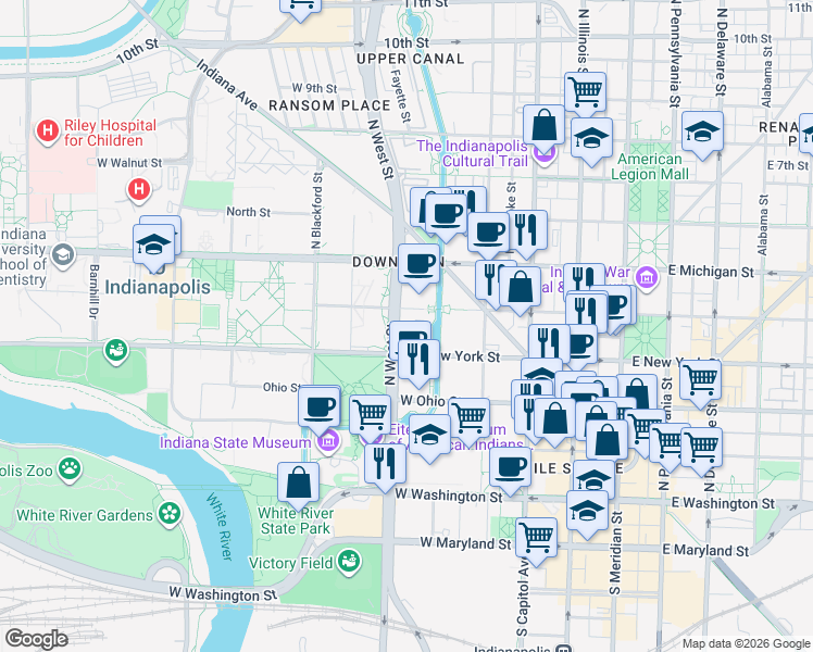 map of restaurants, bars, coffee shops, grocery stores, and more near 423 West Vermont Street in Indianapolis
