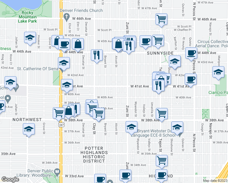 map of restaurants, bars, coffee shops, grocery stores, and more near 4031 Alcott Street in Denver