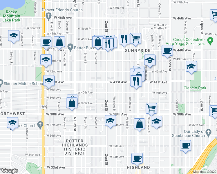 map of restaurants, bars, coffee shops, grocery stores, and more near 4034 Zuni Street in Denver