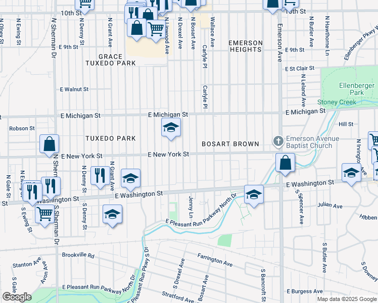map of restaurants, bars, coffee shops, grocery stores, and more near 307 North Drexel Avenue in Indianapolis