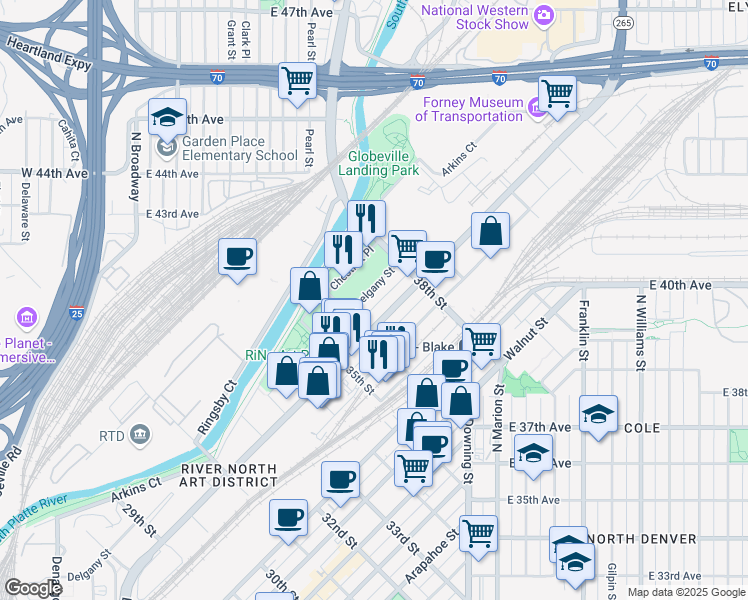 map of restaurants, bars, coffee shops, grocery stores, and more near 3646 Delgany Street in Denver