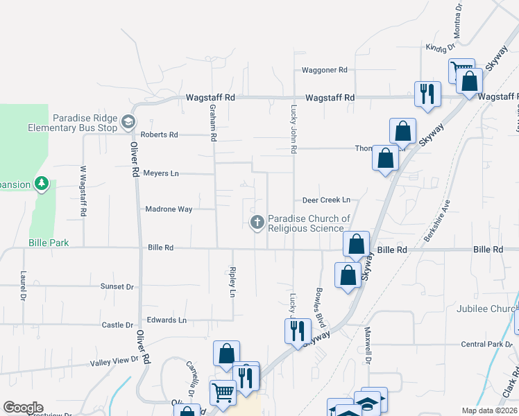map of restaurants, bars, coffee shops, grocery stores, and more near 6254 Fern Lane in Paradise