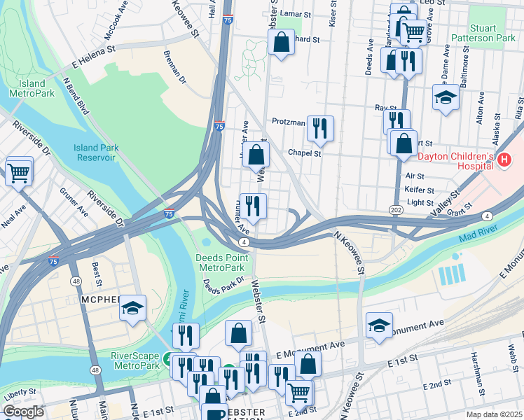 map of restaurants, bars, coffee shops, grocery stores, and more near 748 Webster Street in Dayton