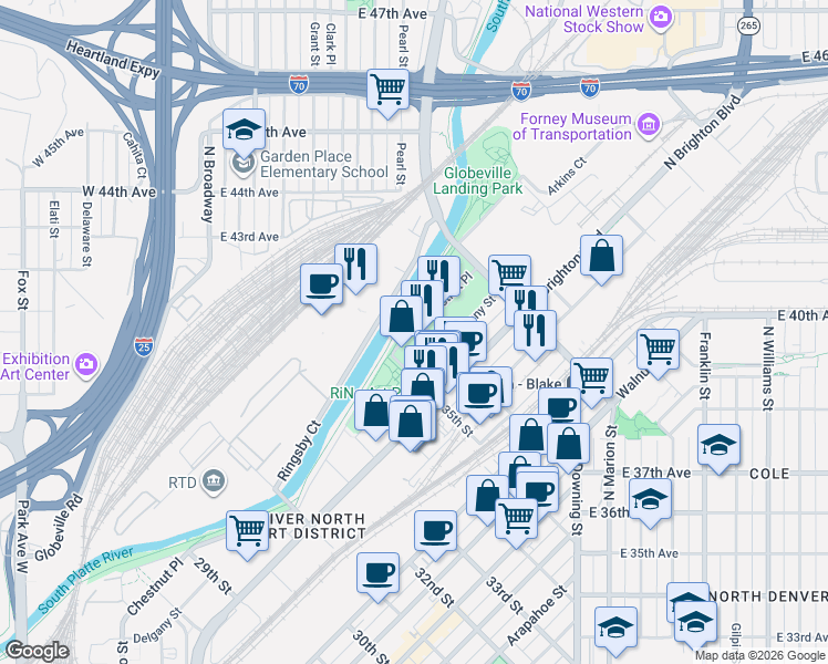 map of restaurants, bars, coffee shops, grocery stores, and more near 3560 Chestnut Place in Denver