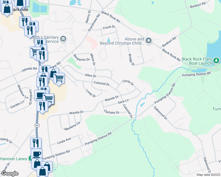 map of restaurants, bars, coffee shops, grocery stores, and more near 51 Colonial Drive in Hanover