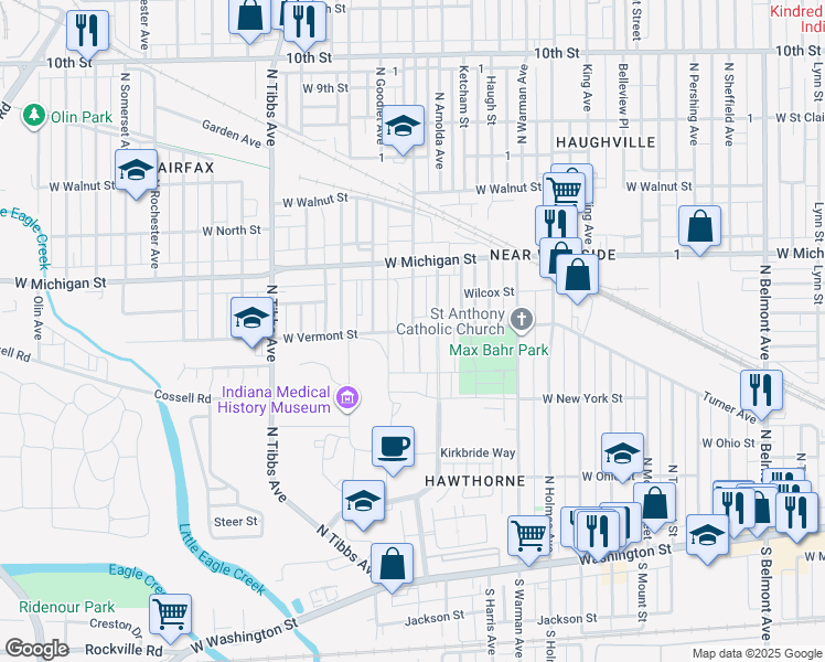map of restaurants, bars, coffee shops, grocery stores, and more near 3101 West Vermont Street in Indianapolis