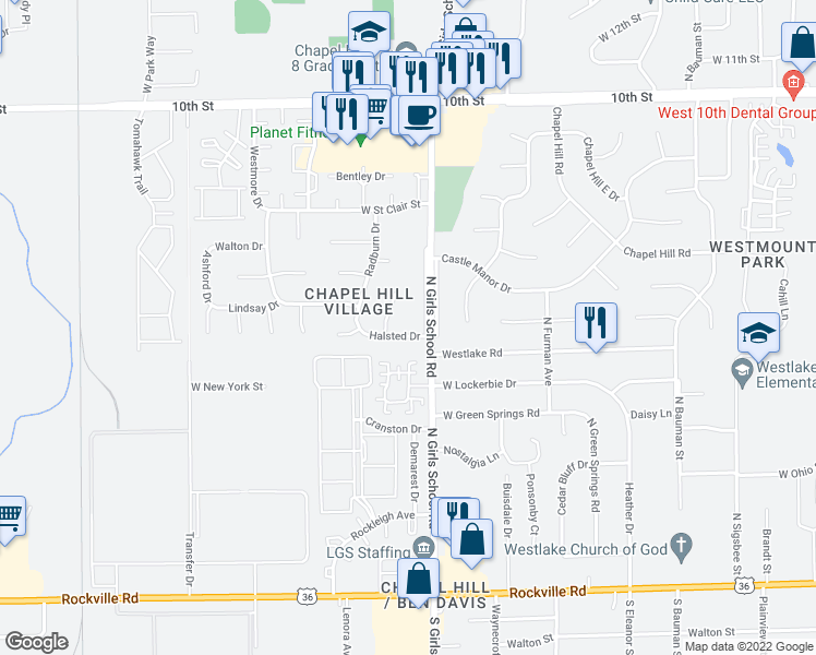 map of restaurants, bars, coffee shops, grocery stores, and more near 7316 Halsted Drive in Indianapolis