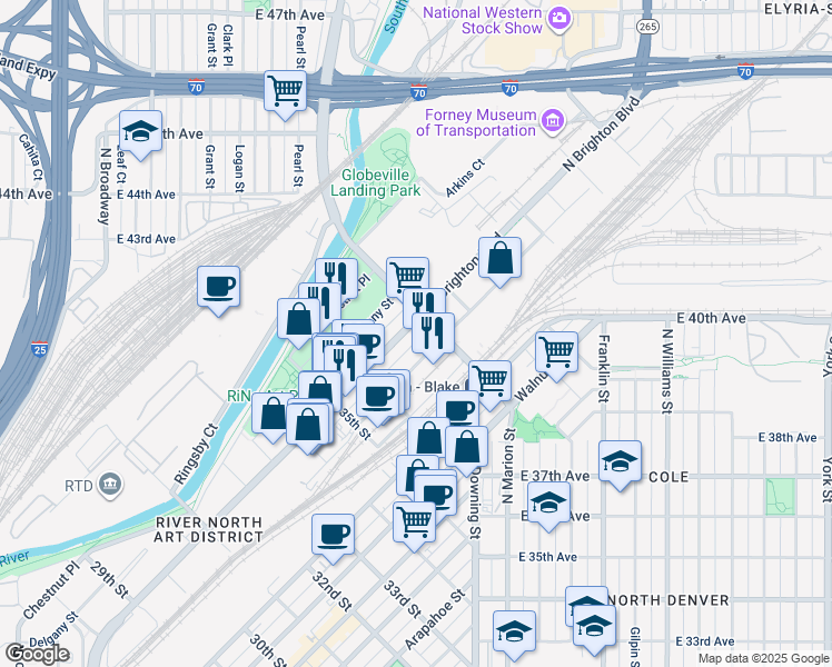map of restaurants, bars, coffee shops, grocery stores, and more near 3736 Brighton Boulevard in Denver