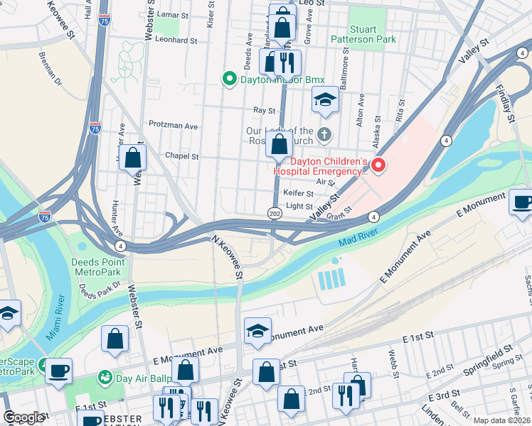 map of restaurants, bars, coffee shops, grocery stores, and more near 217 Dell Street in Dayton