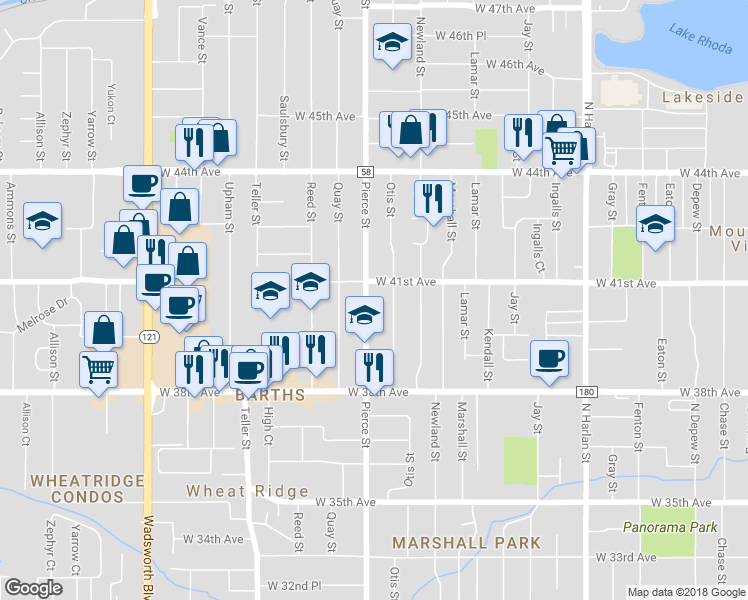 map of restaurants, bars, coffee shops, grocery stores, and more near 4070 Pierce Street in Wheat Ridge