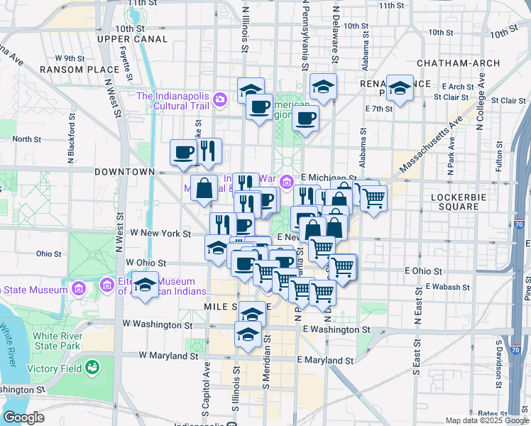 map of restaurants, bars, coffee shops, grocery stores, and more near 350 North Meridian Street in Indianapolis