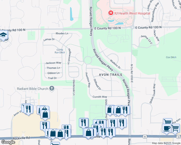 map of restaurants, bars, coffee shops, grocery stores, and more near 10151 Stillwell Drive in Avon