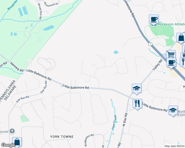 map of restaurants, bars, coffee shops, grocery stores, and more near 1 Springbrook Lane in Newark