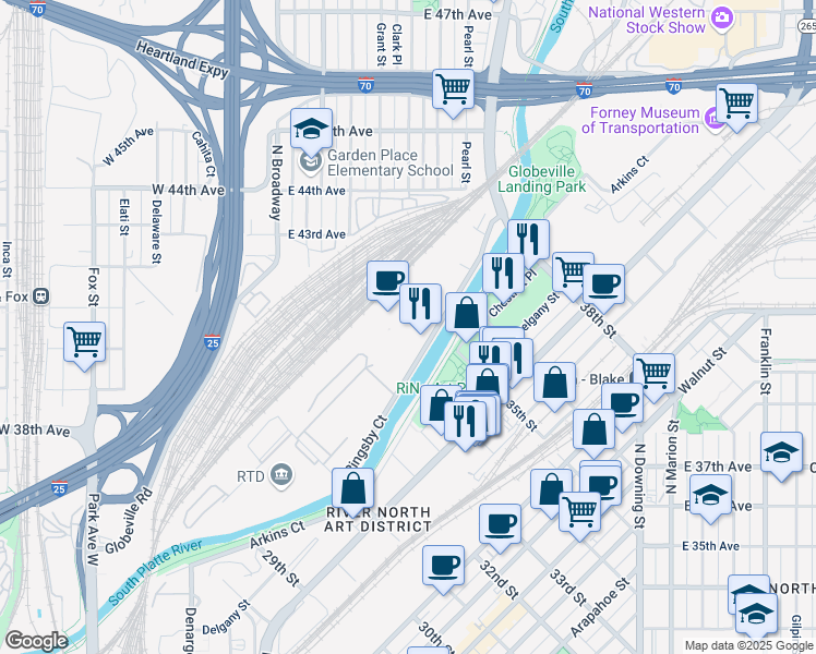 map of restaurants, bars, coffee shops, grocery stores, and more near 3457 Ringsby Court in Denver