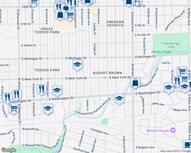 map of restaurants, bars, coffee shops, grocery stores, and more near 4720 East New York Street in Indianapolis