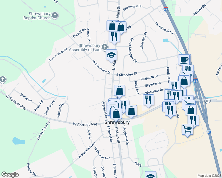 map of restaurants, bars, coffee shops, grocery stores, and more near 122 North Main Street in Shrewsbury