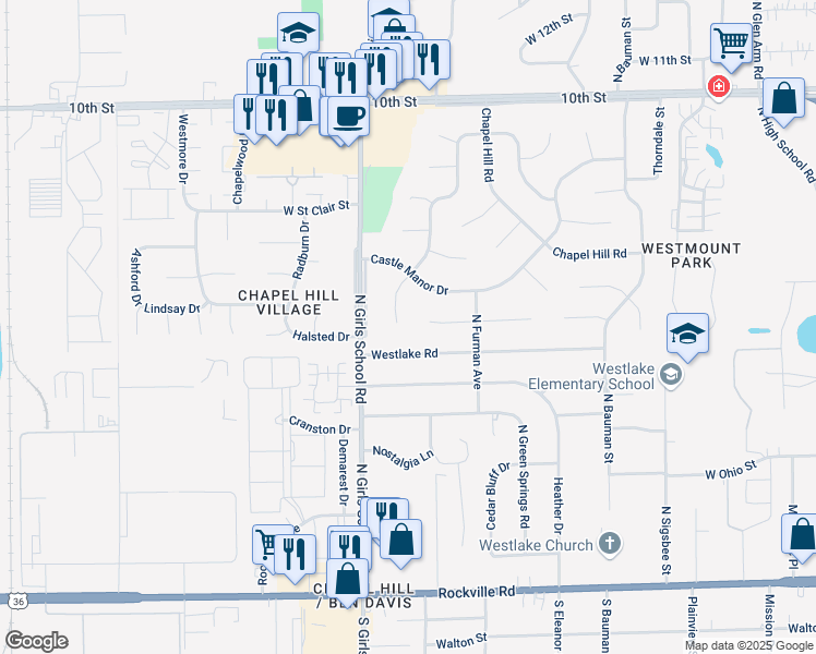 map of restaurants, bars, coffee shops, grocery stores, and more near 429 Chapel Hill West Drive in Indianapolis