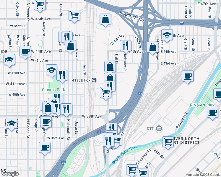 map of restaurants, bars, coffee shops, grocery stores, and more near 4055 Elati Street in Denver