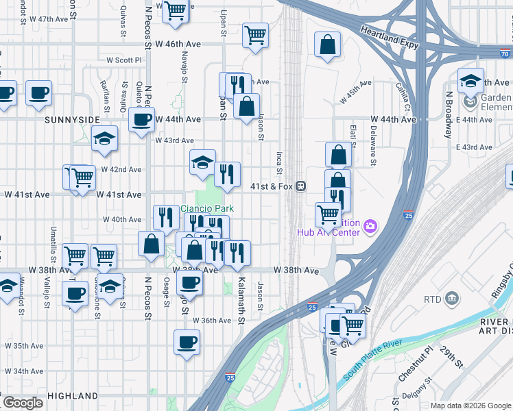 map of restaurants, bars, coffee shops, grocery stores, and more near 4038 Kalamath Street in Denver