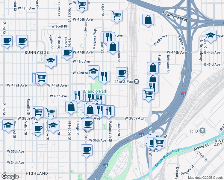 map of restaurants, bars, coffee shops, grocery stores, and more near 4038 Kalamath Street in Denver