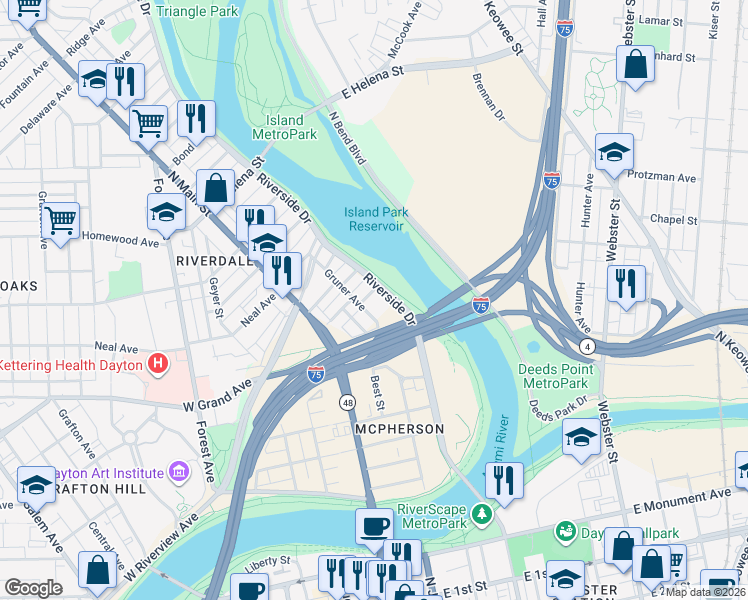 map of restaurants, bars, coffee shops, grocery stores, and more near 120 Lawn Street in Dayton