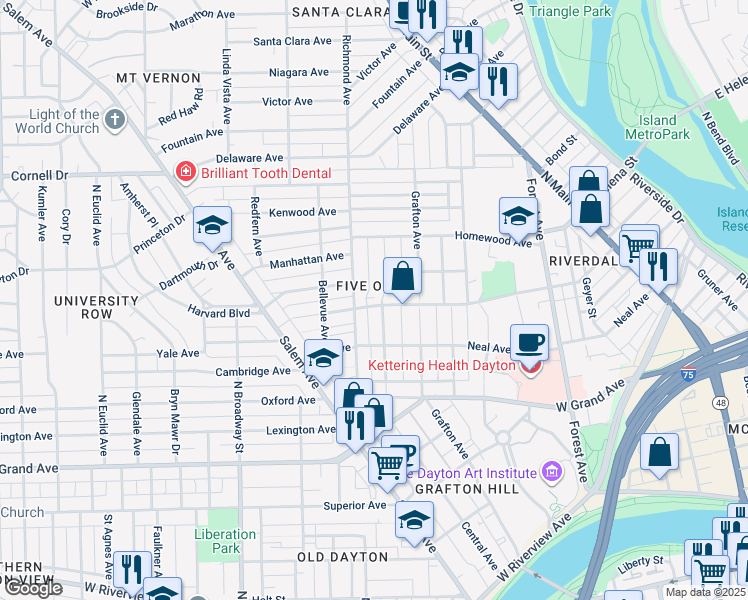 map of restaurants, bars, coffee shops, grocery stores, and more near 210 Richmond Avenue in Dayton