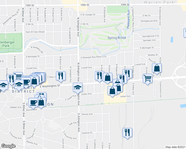 map of restaurants, bars, coffee shops, grocery stores, and more near 33 North Catherwood Avenue in Indianapolis