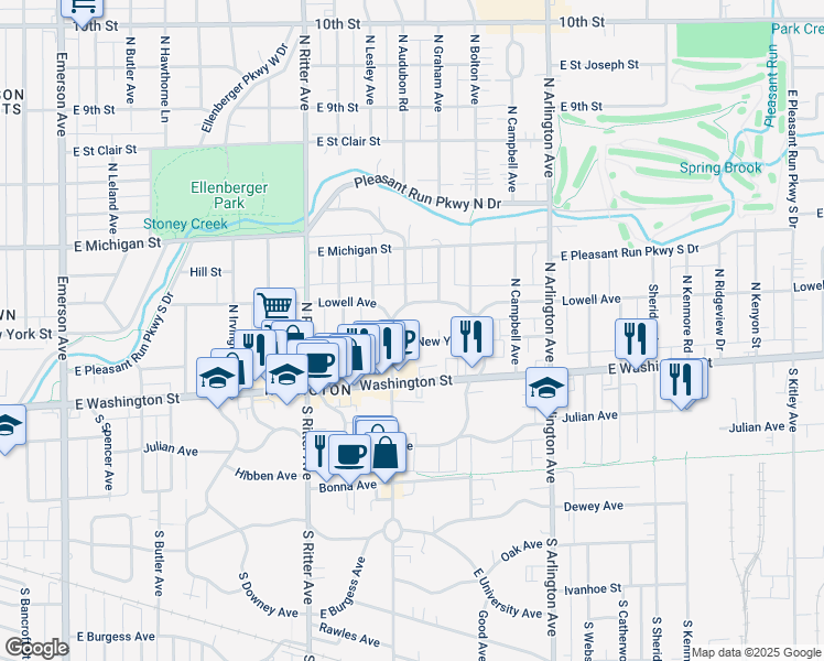 map of restaurants, bars, coffee shops, grocery stores, and more near 75 North Audubon Road in Indianapolis