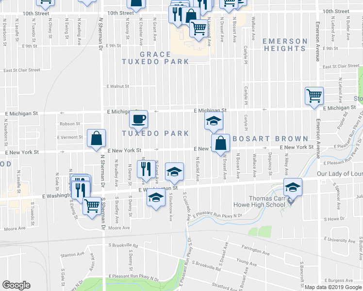 map of restaurants, bars, coffee shops, grocery stores, and more near 308 North Colorado Avenue in Indianapolis