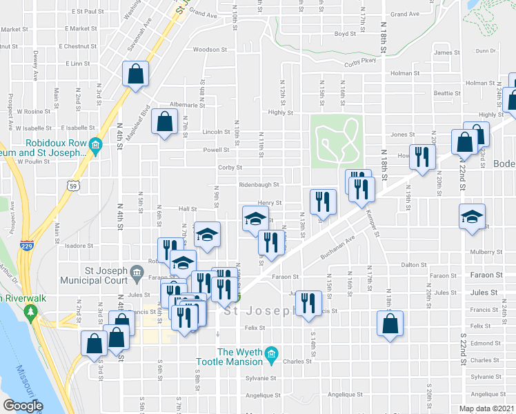 map of restaurants, bars, coffee shops, grocery stores, and more near in Saint Joseph